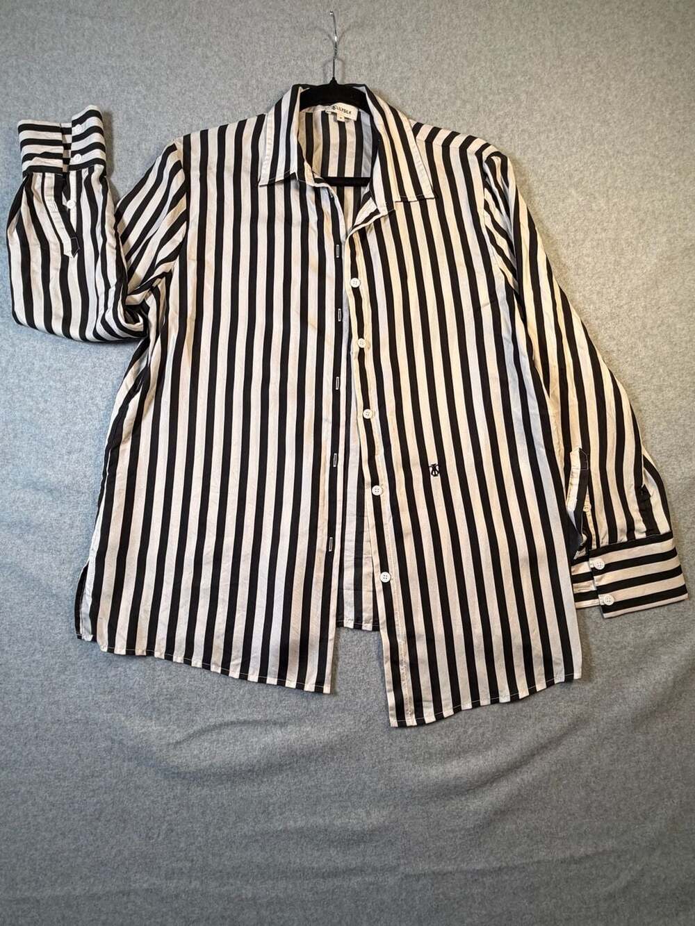 Lilysilk Black and White Striped Silk Button Down Shirt Size M